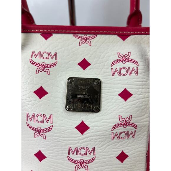 MCM Handbag White/ Red Leather Boston Bag Small Tote Purse - Picture 2 of 16